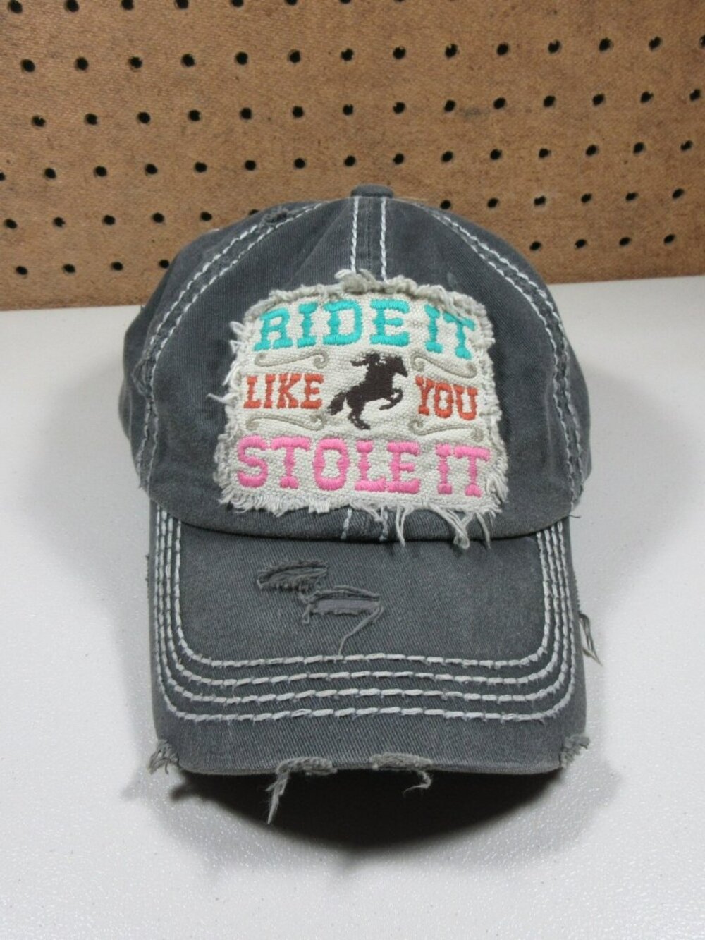 KB ETHOS womens gray distressed Ride It Equestrian Cowgirl strapback hat